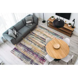 One Couture Teppich Bunt Streifen Linien Teppiche Used Look Fransen Beige Gelb Lila Blau Wohnzimmerteppich Esszimmerteppich Teppichläufer Flur-Läufer, Größe:80cm x 150cm