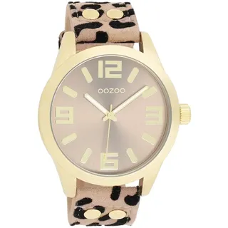 Oozoo XXL Damenuhr C1097 IP-Gold/Taupe Animalprint Lederband 46 mm