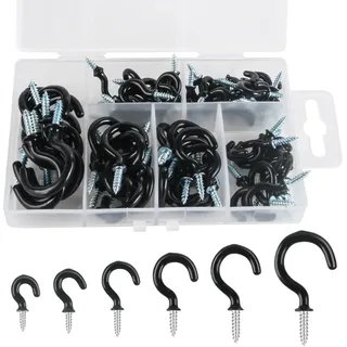 Tahbarshi 75 Stück Schraubhaken Schwarz 6 Größen Deckenhaken Set Haken Zum Schrauben,Vinyl Beschichtet Cup Haken Set Hakenschrauben