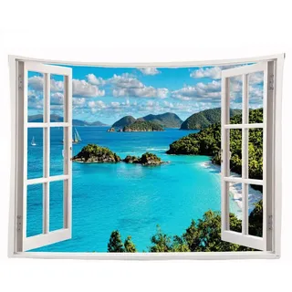 Ulticool – Durchsichtiges Fenster Meer Natur Strand Berge – Wandteppich Poster – 200x150 cm – Garten-Poster – Blau