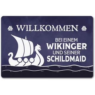 speecheese Fußmatte in 40x60 cm ohne Rand mit Segelboot Motiv | Willkommen bei einem Wikinger und seiner Schildmaid Als Geschenk zur Hochzeit für Paare Nordmänner Vikings