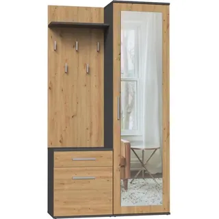 BEAUTYSOFA | Kompaktgarderobe FIORA - Modulares Garderoben-Set Flurgarderobe mit Spiegel, Schuhschrank, Anthrazit + Eiche Artisan - Braun/Schwarz