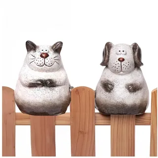 Annastore Dekofigur Zaunhocker Hund und Katze aus Terracotta - Gartenfigur - Zaunfigur, Tierdeko für Zaun, Höhe 16 cm
