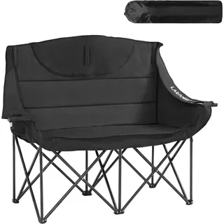 LARMNEE Campingstuhl Faltbar für 2 Personen, Campingsofa, 2 Getränkehalter, 200 KG Belastbar, Campingcouch Dick Gepolstert Klappstuhl, inklusive Tragetasche, Schwarz EBK03LC02