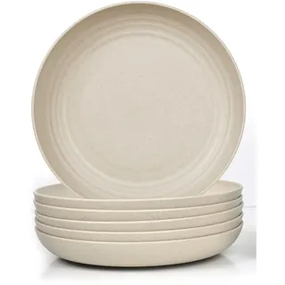 JSYMJSY Tiefe Teller Set, 6Teilig 25cm Groß Speiseteller Bruchfest, Essteller Plastik Mehrweg, Camping Teller, Leicht, Kunststoff, Hoher Rand, Spülmaschinenfest, Beige