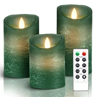 AiiBowy Led Kerzen [3er Set] Flammenlose Kerze Echtwachs Flackernde Dimmbar mit Fernbedienung Weihnachtskerzen LED Flammen 4"/5"/6” Tischdeko, Wohnzimmer, Weihnachten, Hochzeit, Party (Grün)