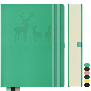 Qefuna Notizbuch A4 Liniert,Bullet Journal A4 Dickes Notizblock,360Seiten, Hardcover Leder Notizbuch, 100gsm Liniert Papier für Frauen Männer Büro Schule Tagebuch, 21.3 x 28.1cm,Blau Grün