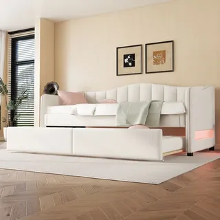 Flieks Polsterbett 90x200cm mit Ausziehbett, Schlafsofa Tagesbett mit LED, Sofabett Funktionsbett Jugendbett Gästebett, Leinen, Beige - Beige