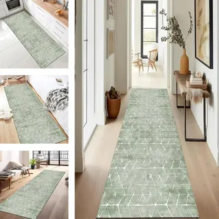 SUCERU Teppich Läufer Küchenteppich Flur Läufer Waschbar Küchenläufer 50X250CM Grün Weiß rutschfest Outdoor Teppich Für Badezimmer Wohnzimmer Schlafzimmer Kinderzimmer Flur Läufer