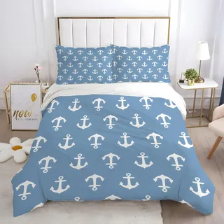 HYSNKSM Bettwäsche 200x200 Maritim Bettwäsche Sets 3Teilig Mikrofaser Bettbezug 200 x 200 und 2 Kissenbezug 80x80 cm Kuschelige Bettbezüge Anker mit Reißverschlus