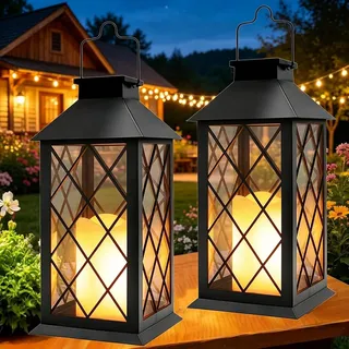 Yowin Solarlaterne für Außen 2 Stück 35cm Große Solarlampen Garten mit Flammeneffekte Kerze, Gewalztes Glas, Hängend Solar Laternen Wetterfest Tischleuchte für Terrasse Balkon Pavillon Deko - Schwarz