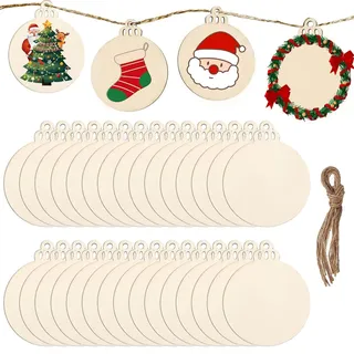 DRERIO 50 Stück Holzscheiben zum Basteln für Weihnachten, 9 cm, mit Loch | 50 Stück, runde Holzscheiben zum Bemalen, als Holz-Weihnachtskugeln, Holzanhänger & Holzornamente, für Familie & Gruppe