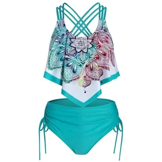 Rüschen Bikini Damen Set High Waist - Tankini Damen Bauchweg Zweiteilig Badeanzug Damen Push Up Boho Bikinioberteile Hohe Taille Bikinihose Bademode Schwimmanzug Badeanzüge Bikini-Sets für Frauen