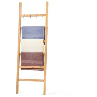 Relquorax Handtuchleiter Bambus, Leiterregal mit 6 Sprossen und 4 Haken, Kleiderleiter Handtuchhalter Handtuchständer für Badezimmer, HxB 170 x 43 cm (Natur)