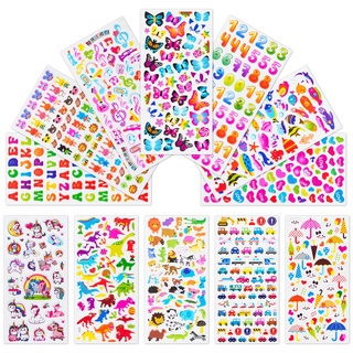 Leenou 3D Aufkleber für Kinder und Kleinkinder, 1000+ Geschwollen Stickers, Niedliche Verschiedene Set Buchstab en,Tier, Zahlen, Schmetterlinge, Einhorn, Dinosaurier und Mehr (18 Bogen)