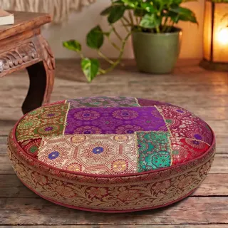 GURU SHOP Orientalisches Rundes Patchwork Kissen 40 cm, Sitzkissen, Bodenkissen mit Baumwollfüllung - Rot/bunt