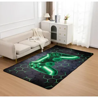 Gaming Teppiche, 3D Vision Geometrie Neon Spiele Bereich Teppich für Jungen Teenager, Gamer Teppich für Kinderzimmer, Rutschfest Teppich Geeignet Für Schlafzimmer E-Sport Zimmer, 100x150 cm, Grün