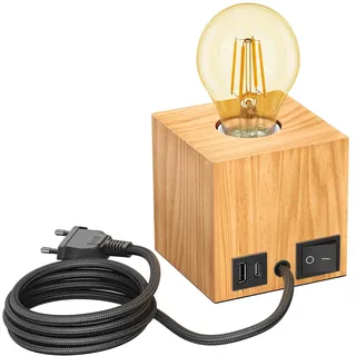 ledscom.de Tischlampe HITO, Holz massiv, eckig, USB, inkl. E27 Lampe gold, 471lm, extra-warmweiß