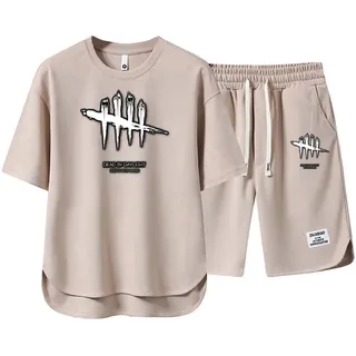 Herren T-Shirt Und Shorts Dead Daylight Bedrucktes, Sommer Leichte 2-Teiliges Set Outfit Trainingsanzug Freizeitanzug Jogginganzug Herren Mode Casual Sportbekleidung,Beige-M - M
