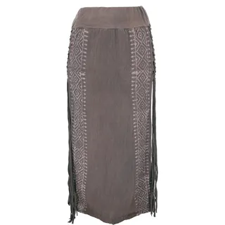 GURU SHOP Langer Boho Fransenrock, Sommerrock, Lagenrock - Dunkelbraun, Damen - 38
