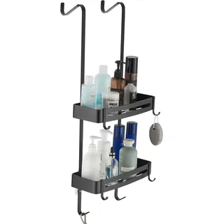 MOGFCT Duschregal zum hängen, Badezimmer-Duschablage, über der Tür hängende Duschablage, rostfreies Aluminium-Duschregal, Badezimmerregal mit Haken (doppelt schwarz)