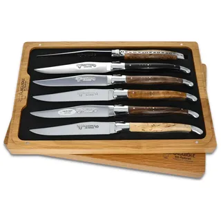 LAGUIOLE en Aubrac Sechs original Steakmesser aus Frankreich - Griff gemischte Hölzer Stahl glänzend mit Zertifikat, Braun