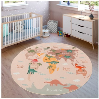 Kinderteppich Bino 583, Paco Home, rund, Höhe: 4 mm, Spielteppich, Motiv Weltkarte & Dinosaurier, Kinderzimmer beige Ø 200 cm x 4 mm