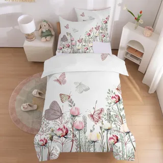 Linfye Kinder Bettwäsche, Schmetterling Blume Bettbezug 135x200 cm + 2 Kissenbezug 65x65cm 3D Wende Bettwäsche mit Reißverschluss Weich Microfaser Bettdeckenbezug