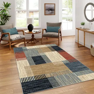 AAFUOO Moderner geometrischer Teppich, 150 x 250 cm, Vintage-Teppiche in Mehreren Farben für Wohnzimmer, Schlafzimmer, Rutschfester Patchwork-Läuferteppich für Küche und Flur, Beige, Blau, Rot, Gelb