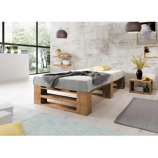 Lermowood Palettenbett M2 aus Holz 100 x 200 cm Eiche mit Lattenrost Holzbett 30cm Stabiles Seniorenbett Kinderbett Jugendbett Gästebett erhöhtes Einzelbett Bettgestell Futonbett Komforthöhe