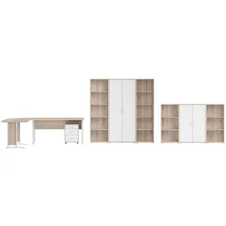 moebel-dich-auf Büromöbel-Set OFFICE LINE, (Komplett-Set, 8-tlg., Winkelschreibtisch mit Rollcontainer + 2 Aktenschränke + 4 Aktenregale), in Eiche Sonoma / Weiß beige