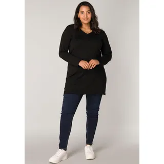 V-Ausschnitt-Pullover BASE LEVEL CURVY "BAS-ANINE-LONG" Gr. 52, schwarz (black) Damen Pullover Feinstrickpullover Feinstrick-Qualität