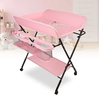 Wickelkommode Klappbar, Mobiler Wickeltisch, Babypflegetisch mit Sicherheitsgurt Ablagefächern, Tragbar Wickeltisch, Platzsparend & Stabil 80 * 66 * 98cm (Rosa)