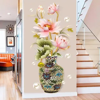 Lotusblume Und Klassische Vase Im Chinesischen Stil — Perlmuttfarbener Wandaufkleber Fürs Wohnzimmer — Hintergrunddekoration Für Den Hauseingang