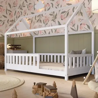 Crazy Pine Hausbett 140x200 cm – Kinderbett aus Naturholz in Weiß – Montessori Bodenbett mit Höhenverstellbaren Beinen - Crazy Blanco - Weiß