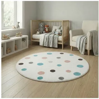 Jimri Kinderteppich DOT ́S Teppiche für Kinderzimmer, Kinderzimmerteppich, Teppich, Rund, Regenbogen weiß Rund | 150 cm x 150 cm