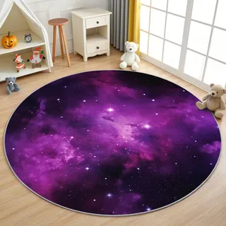 AevuCub Lila Galaxie Teppich Rund 160 Kurzflor - Waschbare Teppiche Wohnzimmer Sternenhimmel - Runder Teppich 200 cm Durchmesser Kinderzimmer - Bettvorleger Schlafzimmer rutschfest Weich