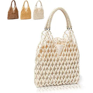QWYDVB Damen Holzperlen Tasche boho gewebt, kleine erdige handgemachte Clutch für Sommerstrand, Urlaub und Hochzeit(Beige) - Einheitsgröße