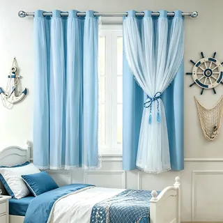 SOFJAGETQ Kurze, blaue Verdunkelungsvorhänge, 160 cm lang, mit durchsichtigen Vorhängen, doppellagig, hellblau, mit Ösen, Fensterbehandlung für Kinder/Kinder, Jungen, Schlafzimmer, Wohnzimmer