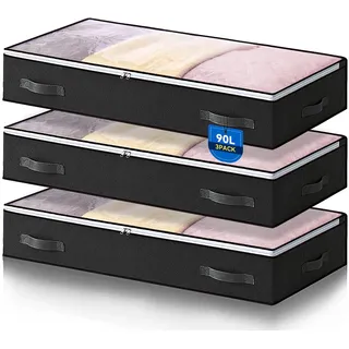 AIOR 3 Stück 90L Unterbettkommode mit Sichtfenster, Faltbare Unterbett-Aufbewahrungstasche Kleideraufbewahrung, Decken Organisator Lagerbehälter, 100x50x18cm (Schwarz)