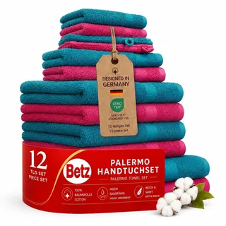 Betz 12-TLG. Handtuch-Set Palermo 100% Baumwolle 2 Liegetücher 4 Handtücher 2 Gästetücher 2 Seiftücher 2 Waschhandschuhe Farbe Cranberry und Petrol