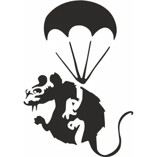 Wandtattoo Banksy Ratte mit Fallschirm - 10 x 7 cm, Wandaufkleber Wandsticker aus Vinyl für Wand Möbel Sockelleiste, selbstklebend mit Anleitung, für Wohnzimmer Schlafzimmer Flur, tradercat
