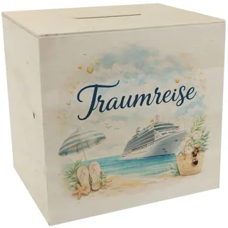 Kreuzfahrtschiff Traumreise Spardose aus Holz für Urlaubsträume für Reisefans - lustige Sparbüchse für Urlaub