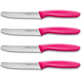 Ruffulon Tafelmesser,4-tlg Edelstahl Tomatenmesser,Jausenmesser Set,11cm | Pink Griffe,Klinge aus Rostfreier Stahl,Frühstücksmesser mit Wellenschliff,Messerset für Haus&Restaurant,Spülmaschinenfest