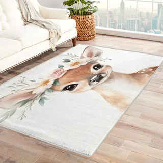 REH Teppich Mädchen - Teppich Wohnzimmer Schlafzimmer Waldtiere, Großer Teppich REH Blumen, Weich Kurzflor & Waschbar & rutschfest Wohnzimmerteppich, Kinderteppich, Bettvorleger 100x200 cm
