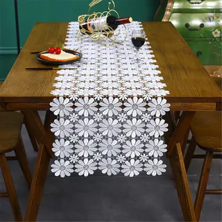 Tischdecke Vintage Boho Weiße Blumen Spitze Makramee Tischdecken Handmade Crochet Lace Tischläufer für Hochzeit Dekor (40 x 120cm)
