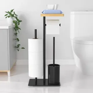 Klopapierhalter Stehend mit Klobürste - Toilettenpapierhalter mit Tablett, Klopapierhalter Stehend mit WC Bürste, Garnitur mit Toilettenpapierhalter