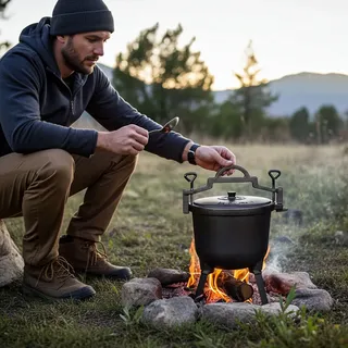 Gusseisen Camping-Kochtopf (7 Liter) - Lagerfeuertopf, schwarz, Deckel für schnelles Dampfkochen - Emaille-Beschichtung - für die Outdoor-Küche