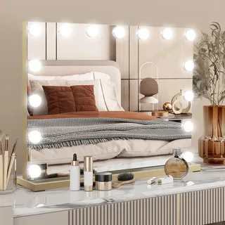 YU YUSING Hollywood Schminkspiegel mit Beleuchtung 58X45cm, 15 LED Licht Dimmbar Kosmetikspiegel 3 Modi, Vanity Spiegel Tischspiegel Wandspiegel, 10X Vergrößerung für Schlafzimmer Schminktisch, Gold