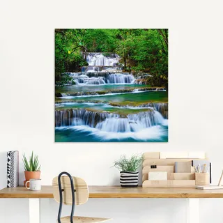 Glasbild ARTLAND "Tiefen Wald Wasserfall", grün (farbe bild(er): grün), B:100cm H:50cm, Bilder, in verschiedenen Größen